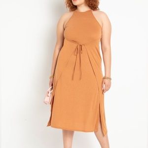 Eloquii Tan Sleeveless Slub knit Wrap Tie Front Lightweight High Neck Midi Dress